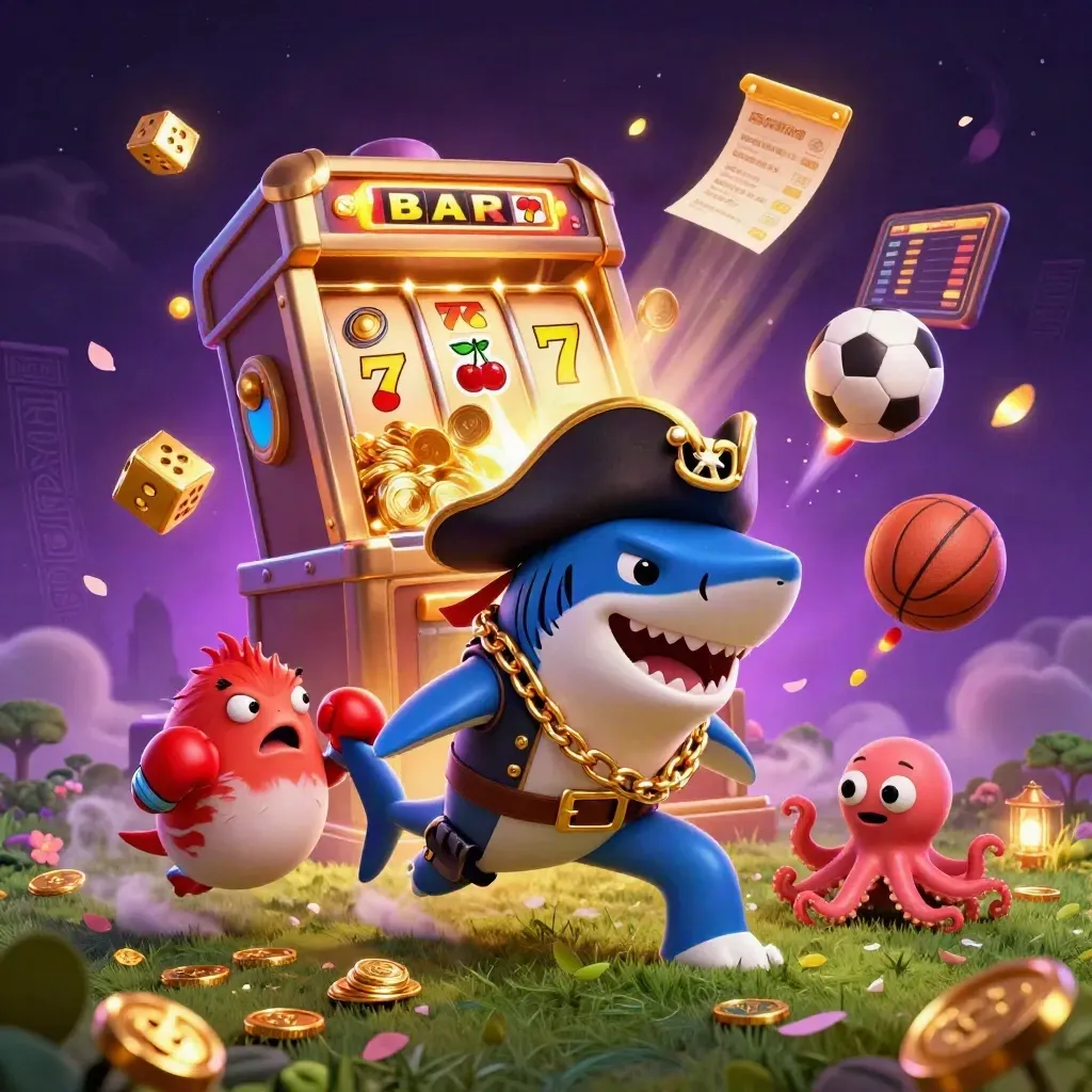 Hiu bajak laut, ikan buntal, dan gurita bayi di ledakan slot emas dengan bola dan koin berterbangan.