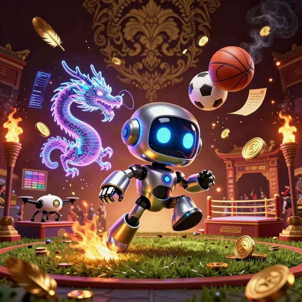 Robot cyberpunk, naga hologram, bola dan koin emas di arena mewah bernuansa ungu-gold.