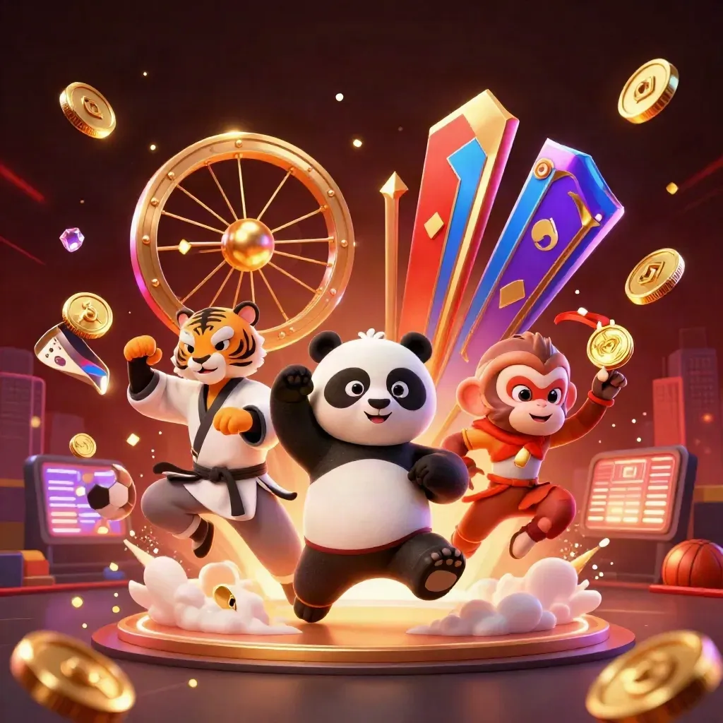 Harimau kung-fu, panda, dan monyet kartun dikelilingi koin, bola, dan chip kasino neon.