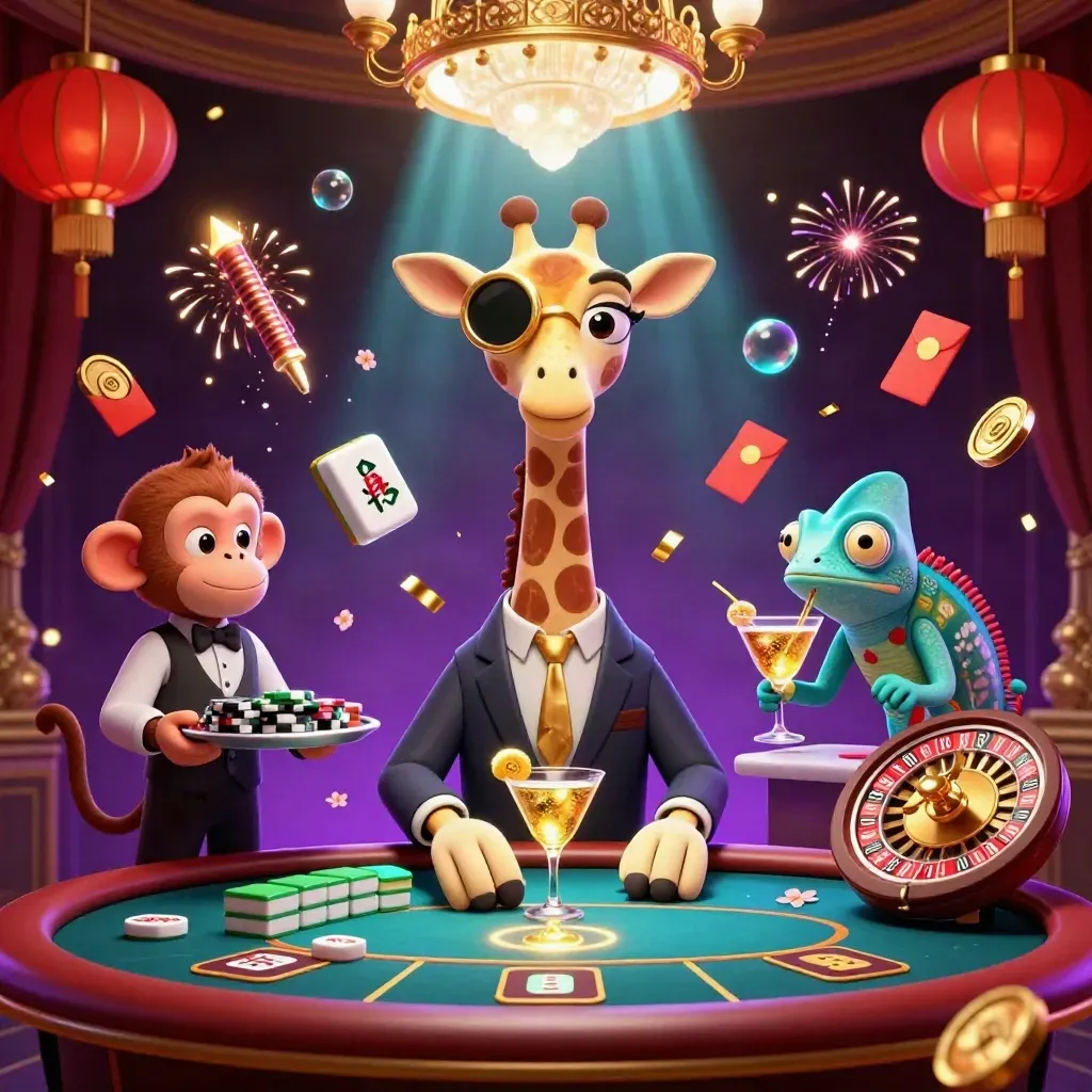 Jerapah high-roller, monyet valet, dan bartender bunglon di meja casino neon.