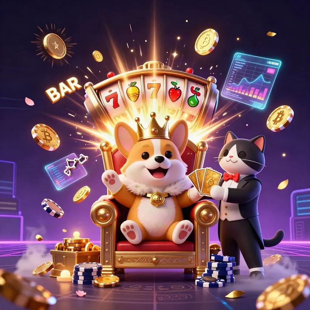 Korigi raja dan pelayan kucing di tengah ledakan koin emas, slot, petir neon, dan efek kasino.