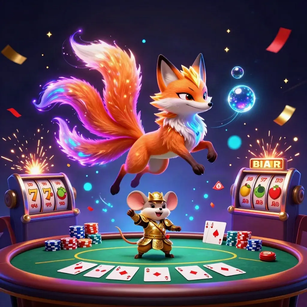 Rubah roh berkaki sembilan dan tikus samurai emas dikelilingi koin, slot, kartu, dan kembang api.