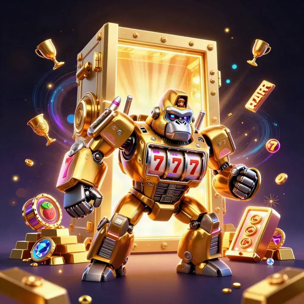 Gorila emas robot dengan monyet pilot, simbol slot, harta karun, dan cahaya neon meledak