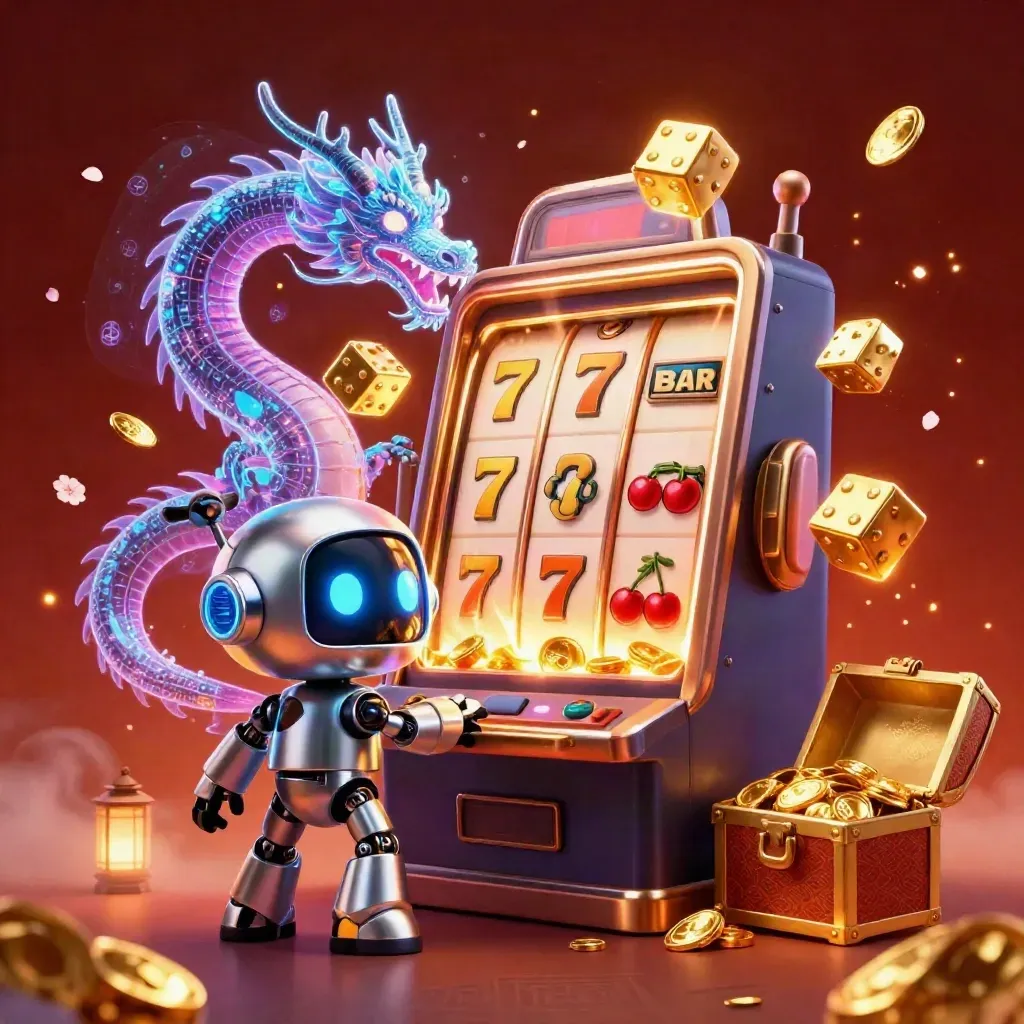 Robot cyberpunk, naga holografik, dan drone di antara mesin slot, koin, dan peti emas.
